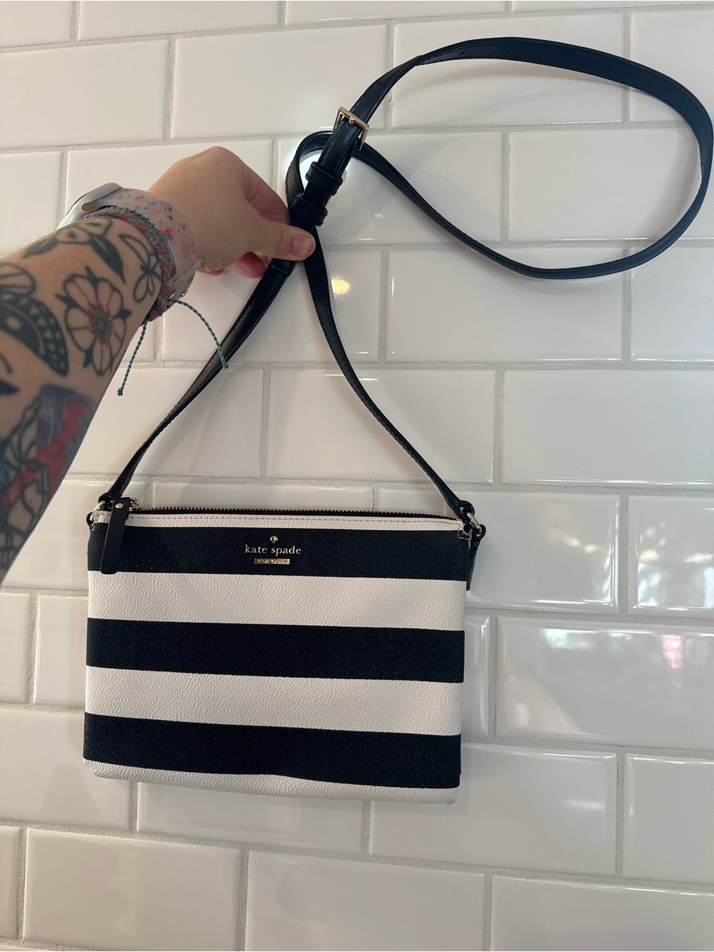 Kate Spade Black Sparkle & White Striped Bag